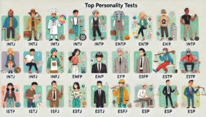 Illustration of personality tests represented by different characters in various professions or roles, titled 'Top Personality Tests'. Each character is labeled with their respective personality type, including INTJ, INTP, ENTJ, ENTP, INFJ, INFP, ENFJ, ENFP, ISTJ, ISFJ, ESTJ, ESFJ, ISTP, ISFP, ESTP, and ESFP.